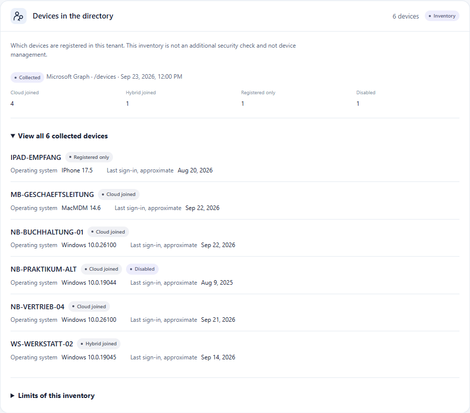remivis demo device inventory: six fictional devices with join status, operating system and approximate last sign-in.