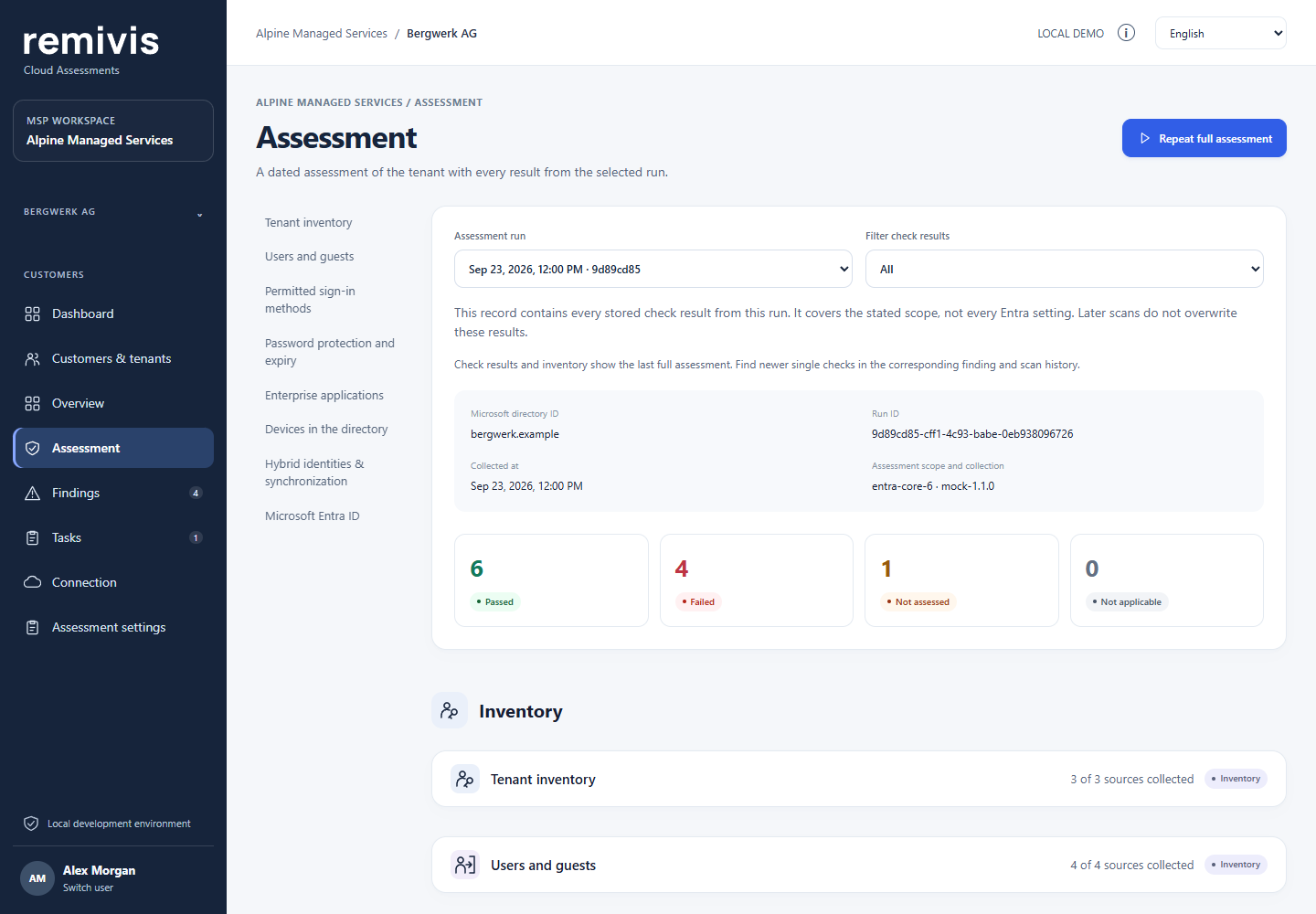 remivis demo: assessment with six passed checks, four findings, one unassessed check and the inventory.